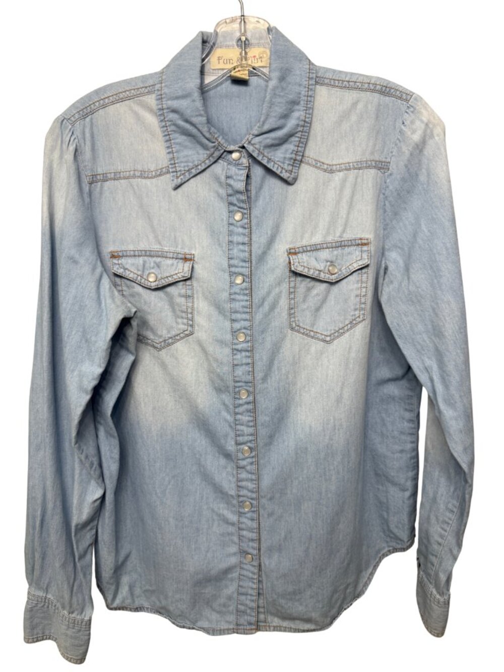 Chambray Western Shirt Snap Button Light Wash 100% Cotton Women's Large Casual